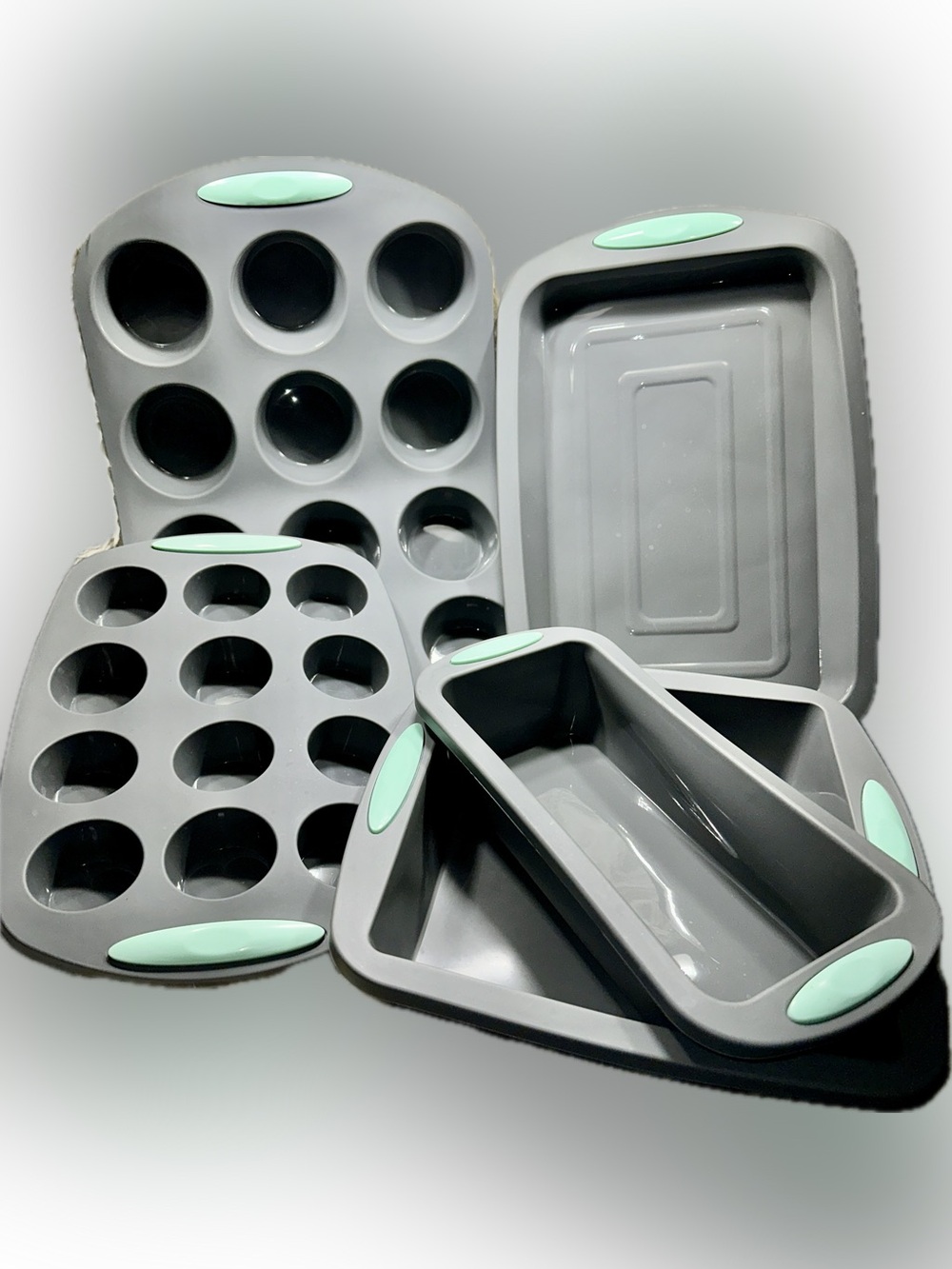 5 Piece Silicone Bakeware Set Grey Mint Muffin Pan Loaf Sheet Square Baking